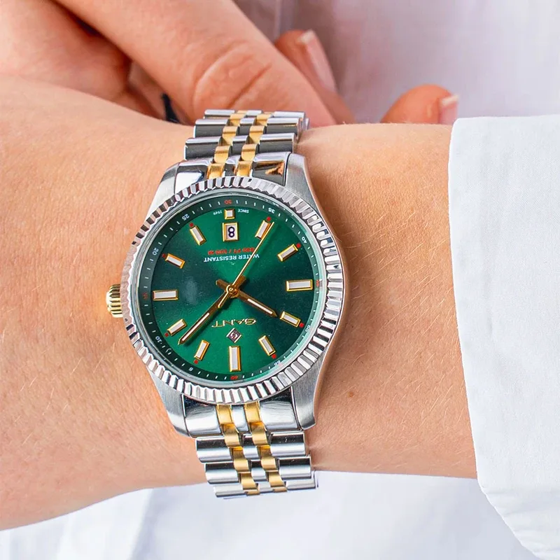 G171003 שעון גאנט יבואן רשמי לאישה | דגם אופנתי מיוחד בלוח ירוק ברצועת ג';ובלי משולבת זהב | לוח זרחני עם שנתיים אחריות | Gant Sussex Mid Wristwatch G171003