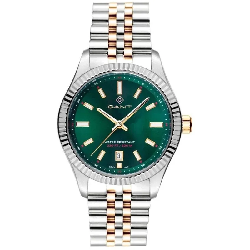 G171003 שעון גאנט יבואן רשמי לאישה | דגם אופנתי מיוחד בלוח ירוק ברצועת ג';ובלי משולבת זהב | לוח זרחני עם שנתיים אחריות | Gant Sussex Mid Wristwatch G171003