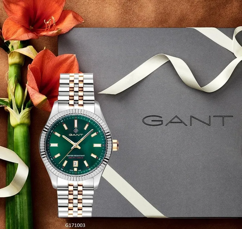 G171003 שעון גאנט יבואן רשמי לאישה | דגם אופנתי מיוחד בלוח ירוק ברצועת ג';ובלי משולבת זהב | לוח זרחני עם שנתיים אחריות | Gant Sussex Mid Wristwatch G171003
