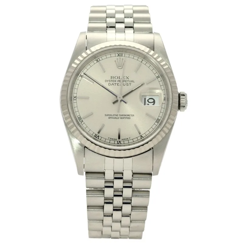 16234 רולקס דייג';אסט 36 ממ - יוניסקס | שעון כסוף בלוח כסוף מתאים לאספנים | סט מלא כולל כל הספרים וקופסת עץ | שעון לאחר טיפול | באזל זהב לבן רצועת ג';ובלי | ללא פוליש | Rolex Datejust 16234 Silver Inde