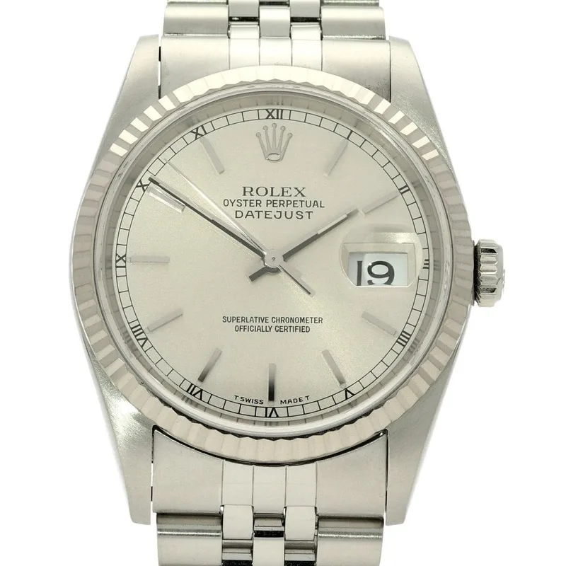 16234 רולקס דייג';אסט 36 ממ - יוניסקס | שעון כסוף בלוח כסוף מתאים לאספנים | סט מלא כולל כל הספרים וקופסת עץ | שעון לאחר טיפול | באזל זהב לבן רצועת ג';ובלי | ללא פוליש | Rolex Datejust 16234 Silver Inde