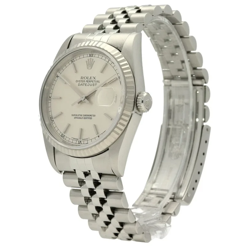 16234 רולקס דייג';אסט 36 ממ - יוניסקס | שעון כסוף בלוח כסוף מתאים לאספנים | סט מלא כולל כל הספרים וקופסת עץ | שעון לאחר טיפול | באזל זהב לבן רצועת ג';ובלי | ללא פוליש | Rolex Datejust 16234 Silver Inde