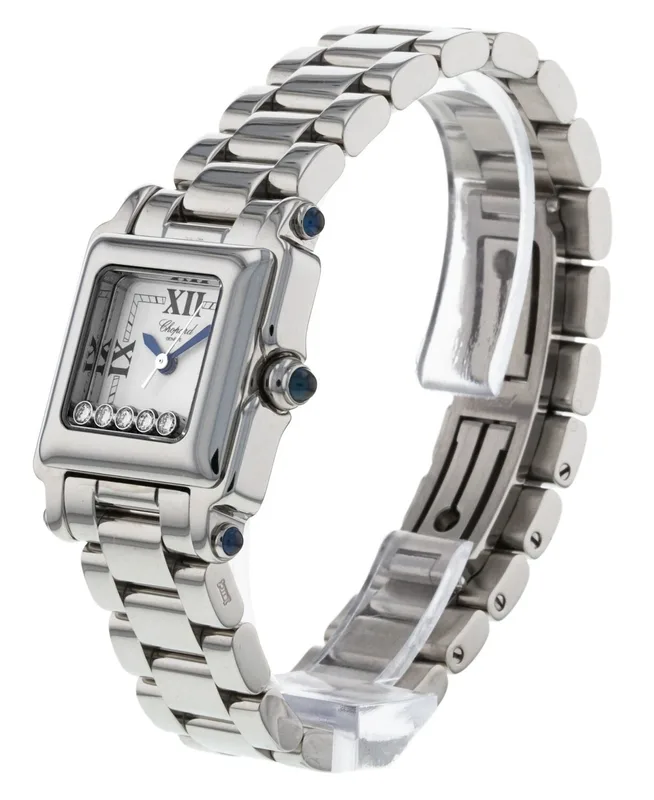 278892-23 שעון יד שופארד לאישה מסדרת הפי דיאמונד | יד 2 שמור מאד כמו חדש | לוח רומי לבן עם 5 יהלומים זזים | שנה אחריות | Chopard 27/8892-23 Happy sports 5P diamond WATCH