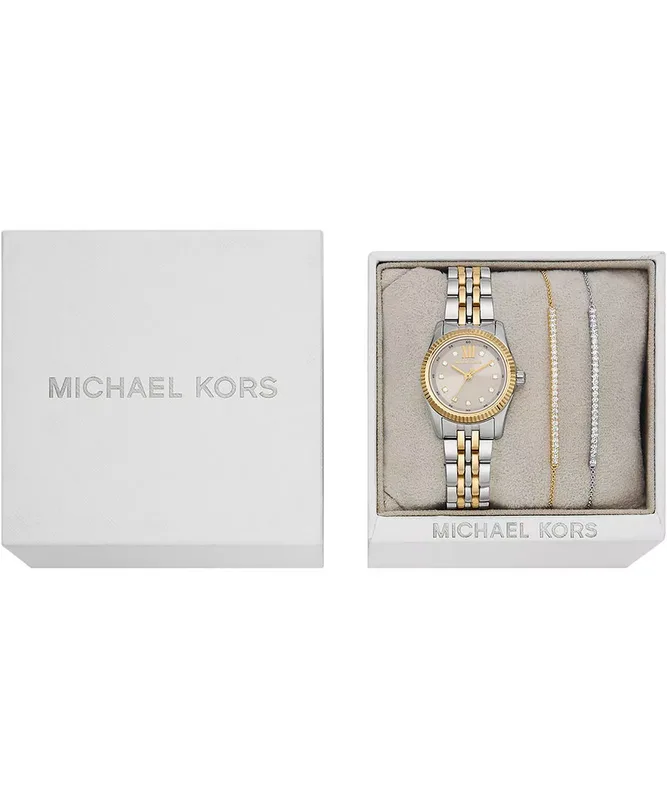 MK4815SET שעון סט צמידים של מייקל קורס עם שעון לאישה | דגם משולב זהב | לוח כסוף משובץ | מלאי מוגבל | שנתיים אחריות | MK4815SET Michael Kors Lexington SET watch