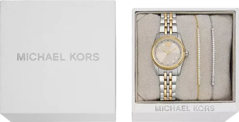 MK4815SET שעון סט צמידים של מייקל קורס עם שעון לאישה | דגם משולב זהב | לוח כסוף משובץ | מלאי מוגבל | שנתיים אחריות | MK4815SET Michael Kors Lexington SET watch