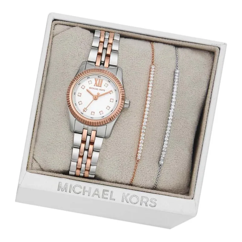 MK4817SET שעון מייקל קורס חדש לנשים | דגם זהב רוז בלוח לבן משובץ אבנים | מגיע כסט עם 2 צמידים של MK | שנתיים אחריות מלאי מוגבל | MK4817SET Michael Kors Lexington Gift Set watch