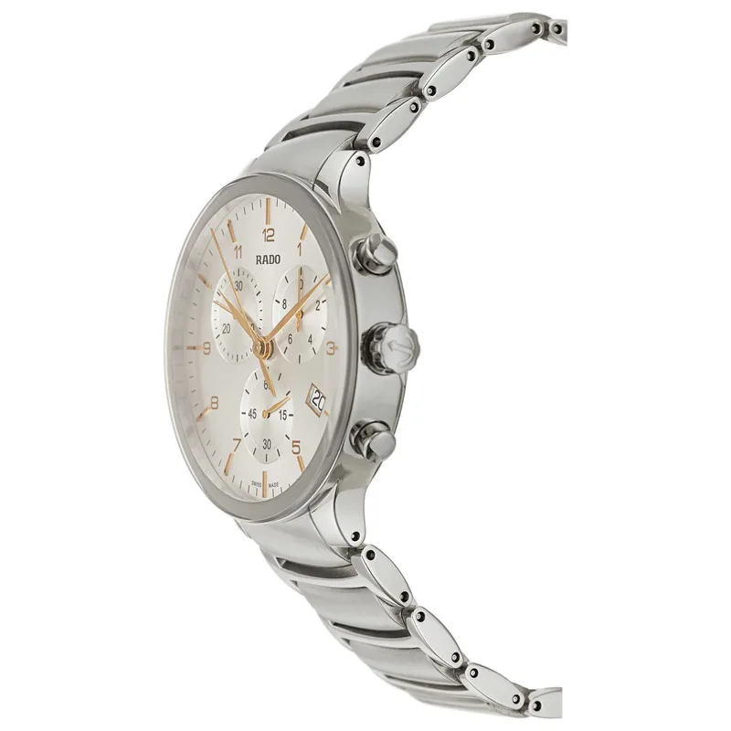 R30122113 שעון ראדו סנטריקס לגברים יד 2 | דגם שמור מאד ברצועה ולוח כסופים| מחוגי זהב | כולל קופסא וכרטים | 6 חודשים אחריות | Rado Centrix Silver Dial Chronograph Stainless Steel Men';s Watch R30122113