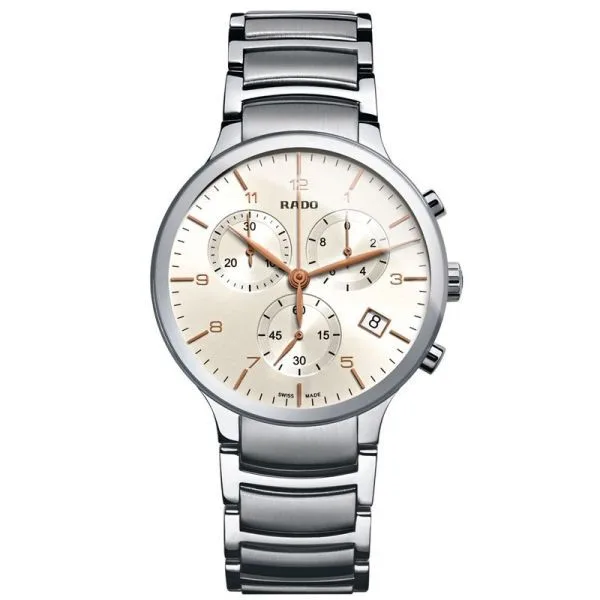 R30122113 שעון ראדו סנטריקס לגברים יד 2 | דגם שמור מאד ברצועה ולוח כסופים| מחוגי זהב | כולל קופסא וכרטים | 6 חודשים אחריות | Rado Centrix Silver Dial Chronograph Stainless Steel Men';s Watch R30122113