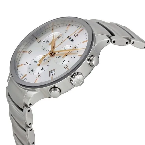 R30122113 שעון ראדו סנטריקס לגברים יד 2 | דגם שמור מאד ברצועה ולוח כסופים| מחוגי זהב | כולל קופסא וכרטים | 6 חודשים אחריות | Rado Centrix Silver Dial Chronograph Stainless Steel Men';s Watch R30122113