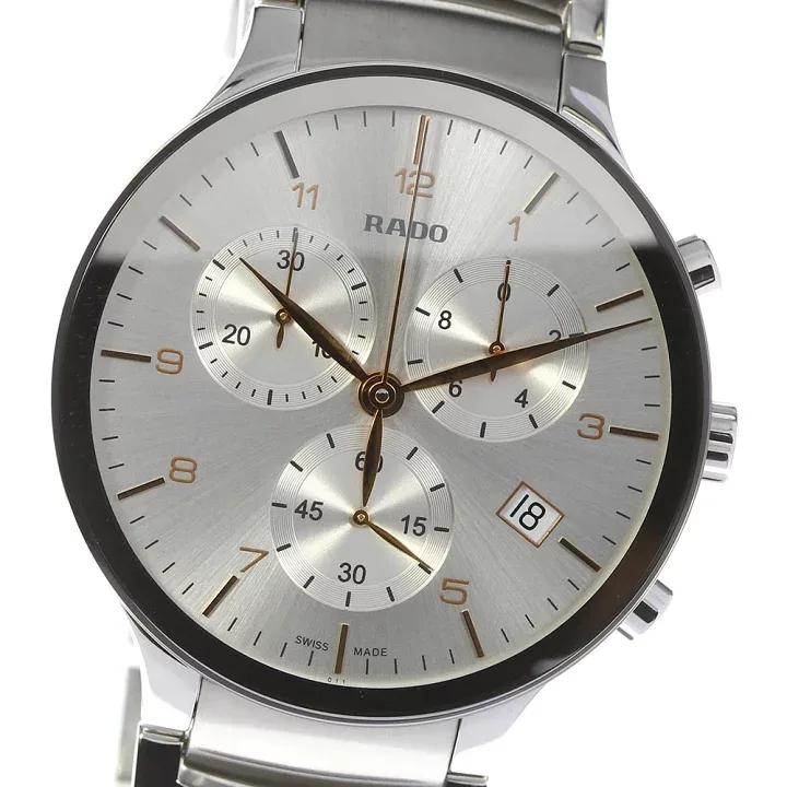 R30122113 שעון ראדו סנטריקס לגברים יד 2 | דגם שמור מאד ברצועה ולוח כסופים| מחוגי זהב | כולל קופסא וכרטים | 6 חודשים אחריות | Rado Centrix Silver Dial Chronograph Stainless Steel Men';s Watch R30122113