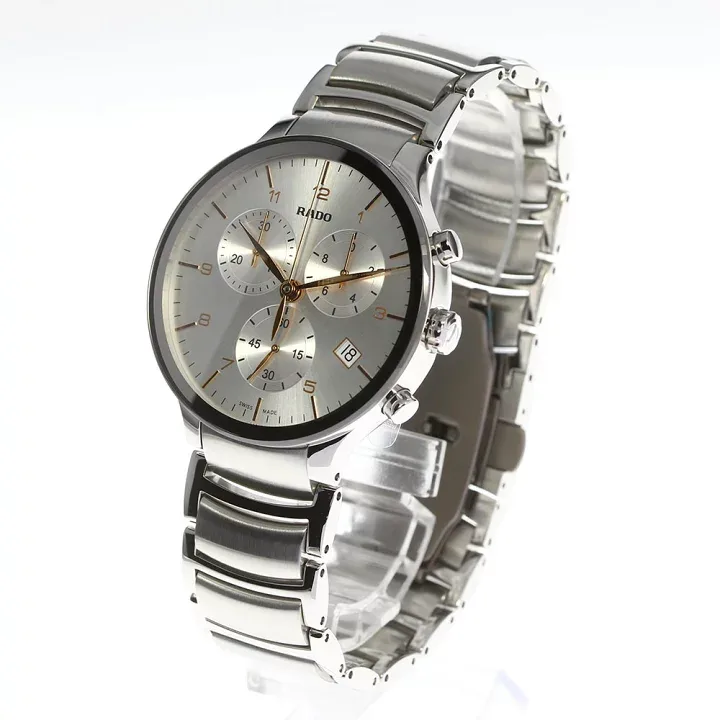 R30122113 שעון ראדו סנטריקס לגברים יד 2 | דגם שמור מאד ברצועה ולוח כסופים| מחוגי זהב | כולל קופסא וכרטים | 6 חודשים אחריות | Rado Centrix Silver Dial Chronograph Stainless Steel Men';s Watch R30122113