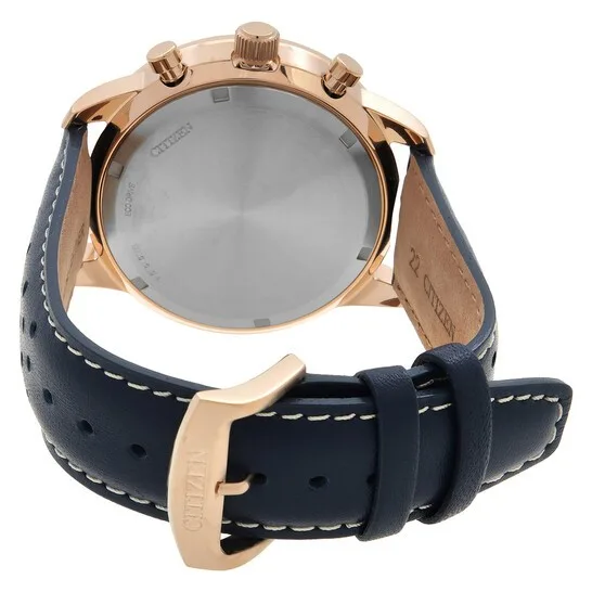 CA4503-00L שעון יד סיטיזן רוז גולד לגברים | דגם ספורטיבי אלגנטי בלוח כחול זרחני | רצועה כחולה | דגם כרונוגרף אקו דרייב סולארי | Eco-Drive Chronograph Blue Dial Men';s Watch CA4503-00L by Citizen