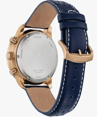 CA4503-00L שעון יד סיטיזן רוז גולד לגברים | דגם ספורטיבי אלגנטי בלוח כחול זרחני | רצועה כחולה | דגם כרונוגרף אקו דרייב סולארי | Eco-Drive Chronograph Blue Dial Men';s Watch CA4503-00L by Citizen