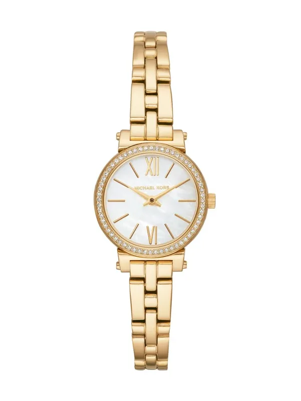 MK3833 שעון מייקל קורס קולקצייה חדשה לנשים | דגם זהב בלוח לבן פנינה רומי | באזל משובץ זקונים | שנתיים אחריות | Michael Kors MK3833 Women';s Sofie Gold Toned Watch