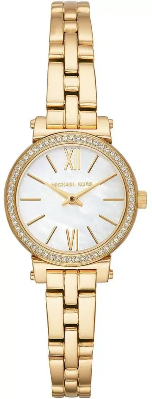 MK3833 שעון מייקל קורס קולקצייה חדשה לנשים | דגם זהב בלוח לבן פנינה רומי | באזל משובץ זקונים | שנתיים אחריות | Michael Kors MK3833 Women';s Sofie Gold Toned Watch