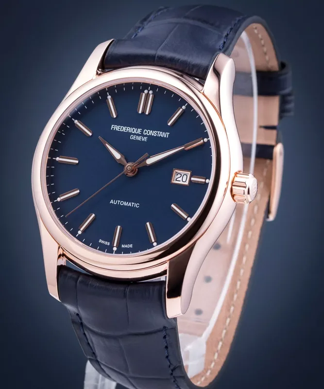 FC-303NN6B4 שעון פרדריק קונסטנט אוטומטי לגברים | רצועת עור כחולה דגם רוז גולד | חלון אחרי שקוף | אינדקס ומחוגים זרחניים | אחריות יבואן רשמי | Frederique Constant Classics Index Automatic FC-303NN6B4