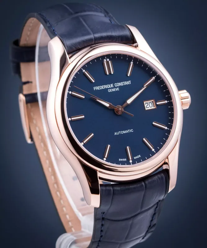 FC-303NN6B4 שעון פרדריק קונסטנט אוטומטי לגברים | רצועת עור כחולה דגם רוז גולד | חלון אחרי שקוף | אינדקס ומחוגים זרחניים | אחריות יבואן רשמי | Frederique Constant Classics Index Automatic FC-303NN6B4