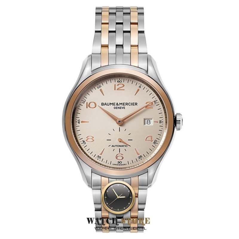 שעון יוקרה לגבר | שעון מרשים אוטומטי של באום אנד מרסייה | טוטון עם חלון אחורי שקוף | MOA10140 Baume Mercier Men';s Clifton Stainless Steel & Rose Gold