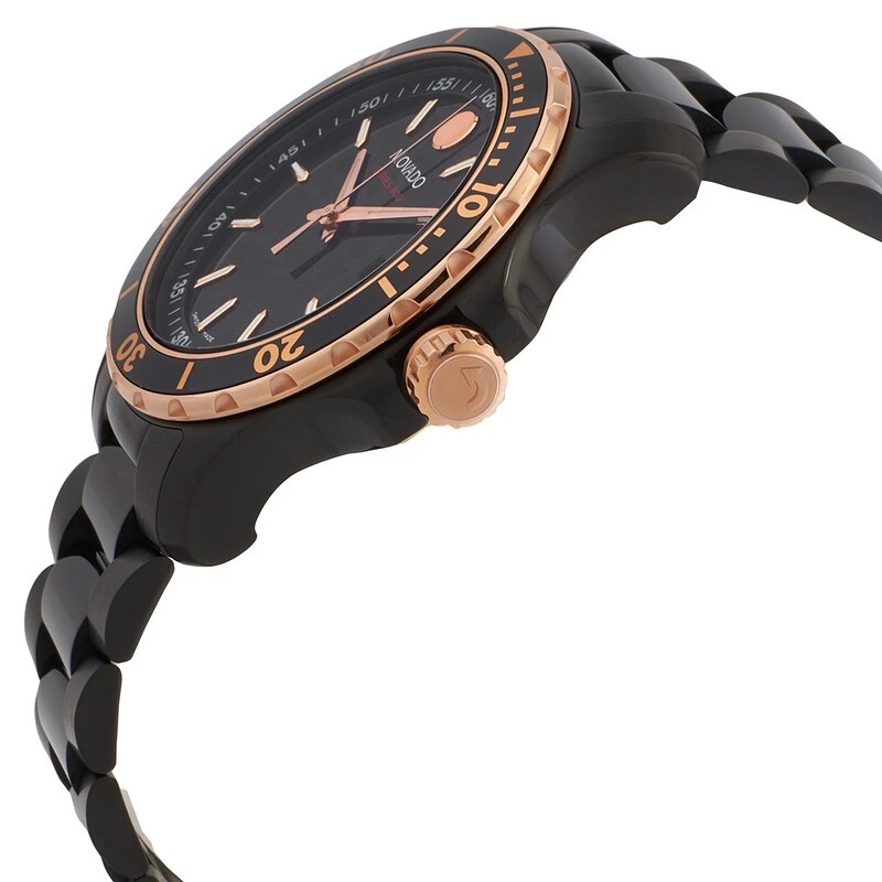 2600162 שעון מובאדו ספורט לגברים מסדרת 800 | שעון שחור עם באזל זהב רוז | שעון ספורטיבי אלגנטי יוקרתי 200 מטר מים | Movado 2600162 Men';s Series 800 Black Dial Quartz Watch