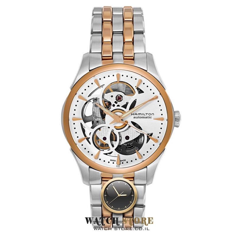 שעון יד המילטון לנשים טוטון רוז גולד | מנגנון אוטומטי שווצרי | לוח סקלטון שקוף | חנות שעוני יוקרה לנשים | Hamilton Women';s H32425251 Jazzmaster Analog Display Automatic Self Wind Silver Watch