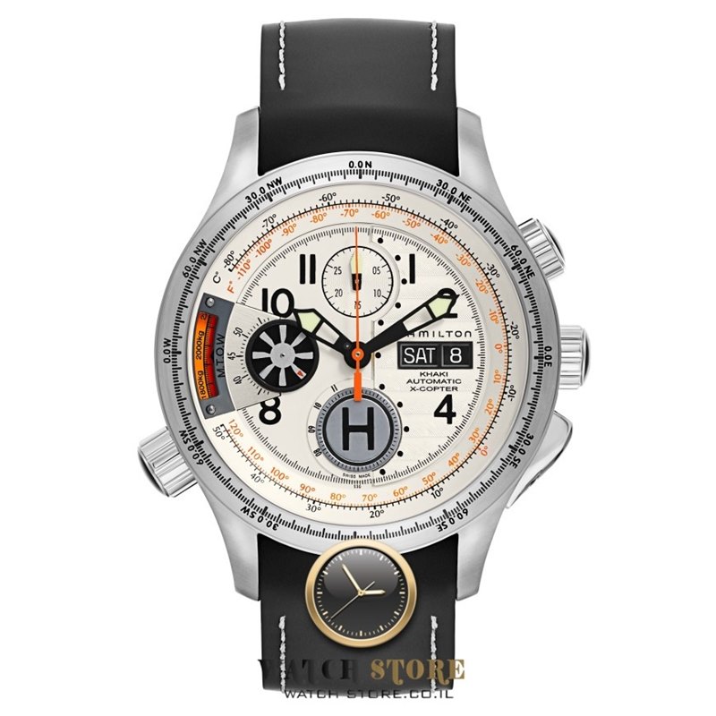 שעון יד מיוחד ומרשים ביותר של המילטון לגבר | שעון אוטומטי מתאים לטייסים | רצועת סיליקון נוחה וממותגת | מלאי מוגבל של השעון | Hamilton Khaki Aviation X-copter H76656353 Automatic