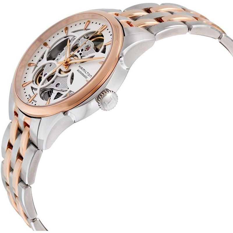 שעון יד המילטון לנשים טוטון רוז גולד | מנגנון אוטומטי שווצרי | לוח סקלטון שקוף | חנות שעוני יוקרה לנשים | Hamilton Women';s H32425251 Jazzmaster Analog Display Automatic Self Wind Silver Watch