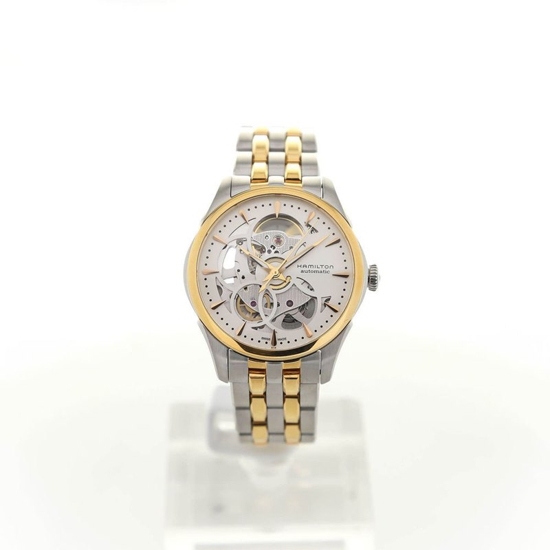 שעון יד המילטון לנשים טוטון רוז גולד | מנגנון אוטומטי שווצרי | לוח סקלטון שקוף | חנות שעוני יוקרה לנשים | Hamilton Women';s H32425251 Jazzmaster Analog Display Automatic Self Wind Silver Watch