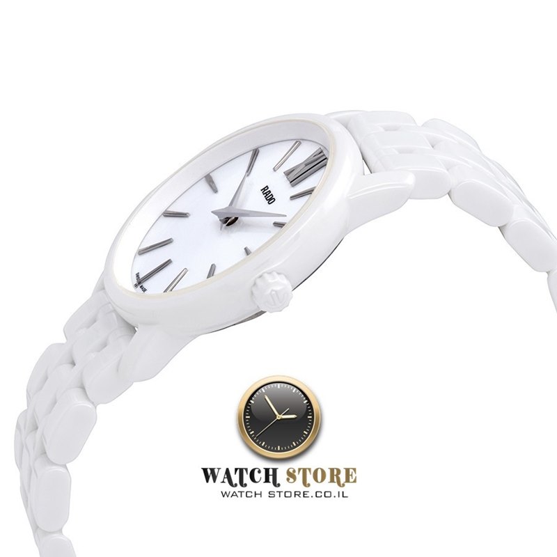 R14065017 שעון ראדו קרמיקה לבנה לאישה | שעון יוקרה שווצרי בלוח לבן פסים | שנתיים אחריות דגמים מיוחדים במבצע | שנתיים אחריות | מלאי מוגבל | New Rado Diamaster Quartz Women';s Watch R14065017