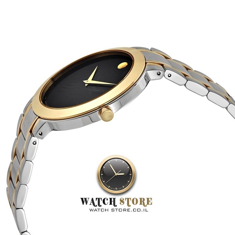 0607278 שעון מובאדו אלגנטי קלאסי לגבר | דגם משולב זהב לוח שחור נקי ומיוחד | שעון שווצרי יוקרתי דק | שנתיים אחריות | Movado Stiri Two-Tone Mens Watch 0607278