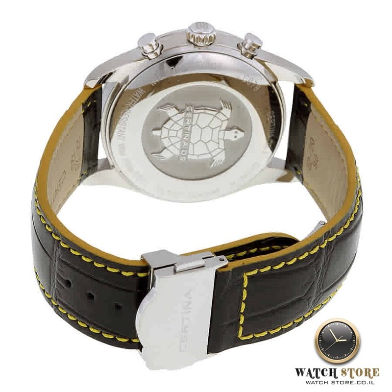 שעון סרטינה לגבר ספורטיבי אלגנטי | לוח שחור משולב צהוב ורצועת עור עם תפרים צהובים למראה מושלם | 5 שנים אחריות | Certina DS-2 Precidrive Chronograph C024.447.16.051.01