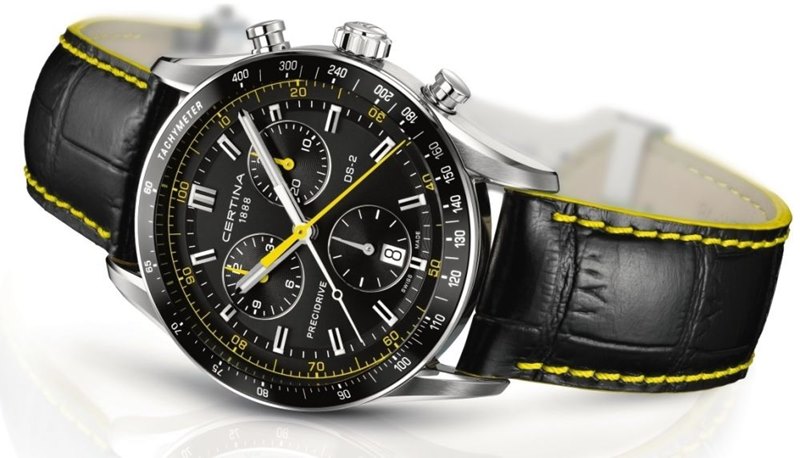 שעון סרטינה לגבר ספורטיבי אלגנטי | לוח שחור משולב צהוב ורצועת עור עם תפרים צהובים למראה מושלם | 5 שנים אחריות | Certina DS-2 Precidrive Chronograph C024.447.16.051.01