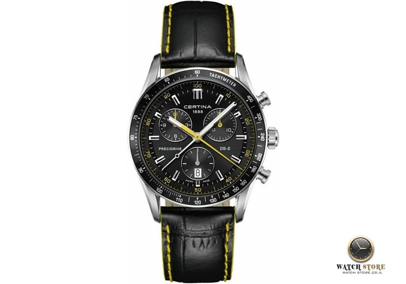 שעון סרטינה לגבר ספורטיבי אלגנטי | לוח שחור משולב צהוב ורצועת עור עם תפרים צהובים למראה מושלם | 5 שנים אחריות | Certina DS-2 Precidrive Chronograph C024.447.16.051.01