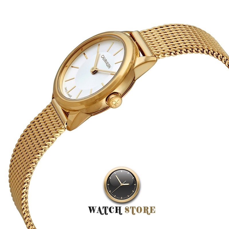 K3M23526 שעון קלווין קליין לנשים | שעון זהב מיני לוח פסים מרשים | רצועת רשת זהב | שעוני אופנה לאישה במבצע | Calvin Klein Minimal Lady K3M23526