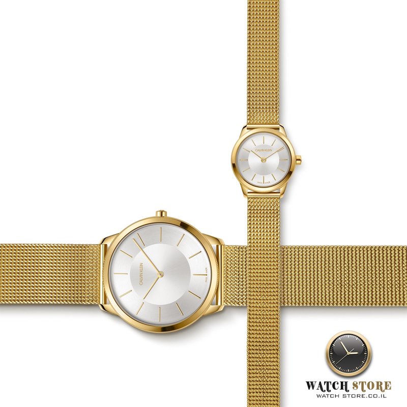 K3M23526 שעון קלווין קליין לנשים | שעון זהב מיני לוח פסים מרשים | רצועת רשת זהב | שעוני אופנה לאישה במבצע | Calvin Klein Minimal Lady K3M23526