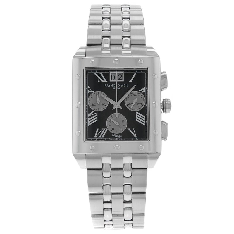 שעון ריימונד ווייל מרובע כרונוגרף לגברים יד 2 | מנגנון שוויצרי לוח שחור פסים כולל שנה אחריות | 4881-ST-00209 Raymond Weil Tango Black Chronograph