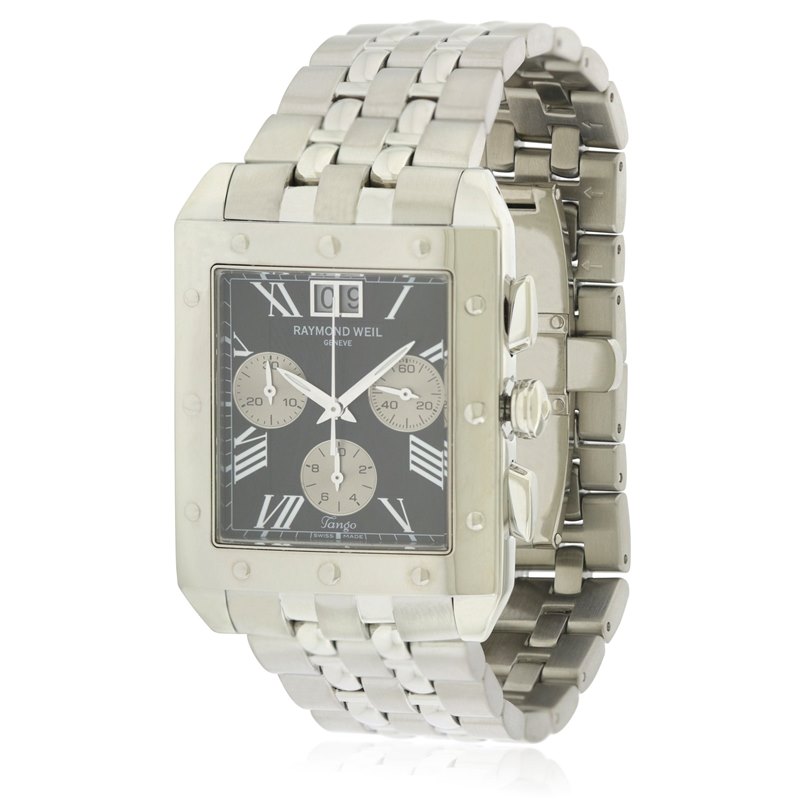 שעון ריימונד ווייל מרובע כרונוגרף לגברים יד 2 | מנגנון שוויצרי לוח שחור פסים כולל שנה אחריות | 4881-ST-00209 Raymond Weil Tango Black Chronograph