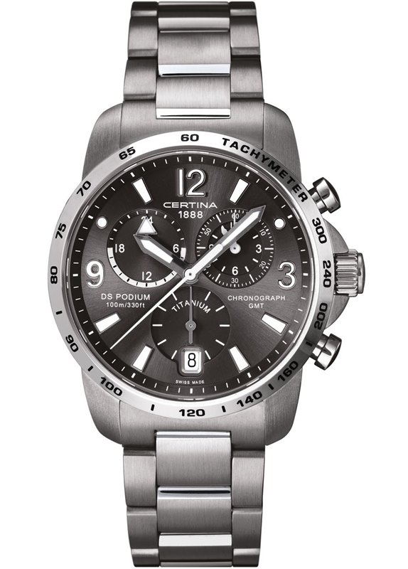 C001.639.44.087.00 שעון טיטיניום לגבר GMT | דגם כרונוגרף בלוח אפור | 5 שנים אחריות | שעון קליל ומיוחד | Certina Watch DS Podium Big Size Chrono GMT Quartz C001.639.44.087.00