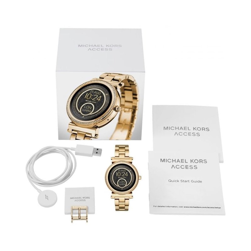 MKT5067 שעון חכם מייקל קורס | שעון אופנתי בבאזל זהב משובץ | שעון ברצועת סילקון לבנה | שעונים חכמים במבצע | מלאי מוגבל | שנתיים אחריות | Access Gen 4 Sofie Rose Gold-tone and Embossed Silicone Smartwa