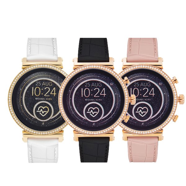 MKT5067 שעון חכם מייקל קורס | שעון אופנתי בבאזל זהב משובץ | שעון ברצועת סילקון לבנה | שעונים חכמים במבצע | מלאי מוגבל | שנתיים אחריות | Access Gen 4 Sofie Rose Gold-tone and Embossed Silicone Smartwa