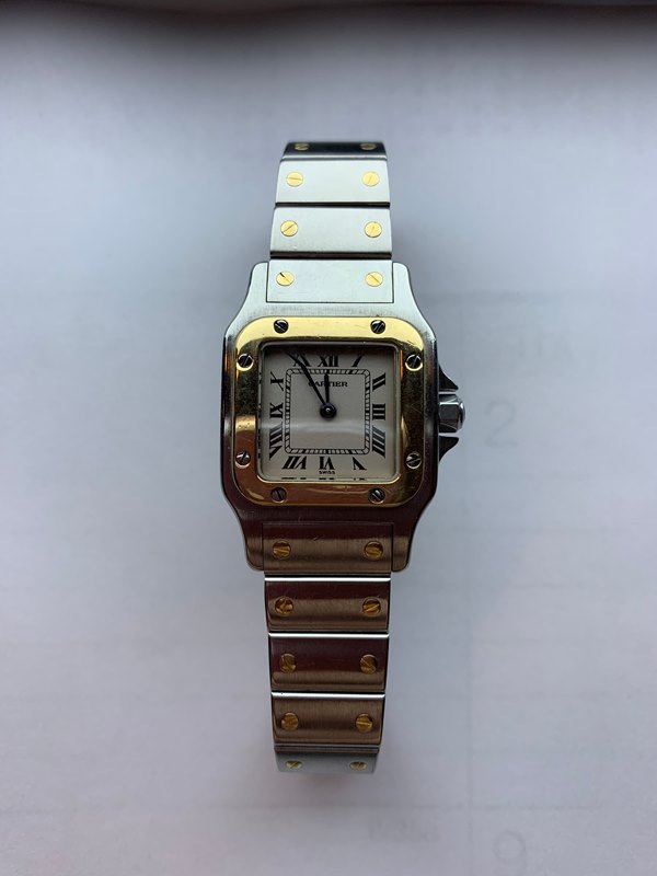 166930 שעון קרטייה סנטוס יד שנייה לנשים דגם משולב זהב 18 קראט | כולל שנה אחריות | Cartier Pre Owned Watch 18k GOLD Cartier Santos 166930