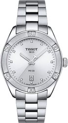 T101.910.11.036.00 שעון יד טיסו לנשים משובץ 12 יהלומים בלוח כסוף עם תאריכון | שעון ספורטיבי אלגנטי באזל מספרים | אחריות יבואן רישמי |Tissot PR 100 Sport Chic Stainless Steel Diamond Watch T10191011036