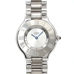 W10109T2 שעון קרטייה מאסט 21 לאישה יד שנייה | ספיר כחולה ומחוגים כחולים בלוח כסוף כולל שנה אחריות | שעוני יוקרה יד 2 |Cartier Midsize W10110T2 Must 21 Stainless Steel Watch