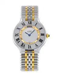 W10074F4 קרטייה מאסט 21 לנשים יד 2 | רצועה משולבת זהב 18K באזל רומי שחור | שנה אחריות | שעון שמור מאד | Cartier Must de Cartier 21 White Women's Watch - W10074F4