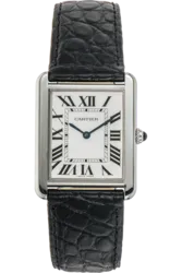 W1018355 קרטייה טנק סולו לארג יד 2 כמו חדש דגם יוניסקס ברצועת עור שחורה | סוגרת פטנט לוח רומי לבן | שנה אחריות | Cartier Tank Solo Large Stainless Steel Strap Watch W1018355