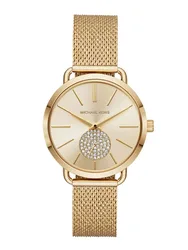 MK3844 שעון מייקל קורס יבואן רשמי | דגם זהב לאישה | לוח פסים עם שעון שניות קטן משובץ קריסטלים| רצועת רשת אופנתית | שנתיים אחריות פלאנט טיים | Michael Kors Watch For Women MK3844 With Gold Dial