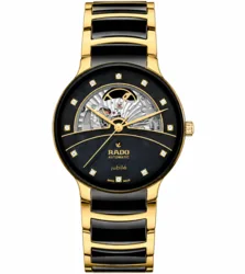 R60083090 | R30008902 שעון ראדו יבואן רשמי | דגם סקלטון חדש לגברים | קרמיקה שחורה משולבת זהב | לוח שחור פנינה מיוחד משובץ 12 יהלומים | 5 שנים אחריות | Rado Centrix Open Heart 39.5mm Automatic R3000890