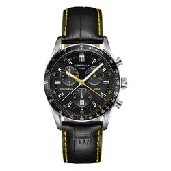 שעון סרטינה לגבר ספורטיבי אלגנטי | לוח שחור משולב צהוב ורצועת עור עם תפרים צהובים למראה מושלם | 5 שנים אחריות | Certina DS-2 Precidrive Chronograph C024.447.16.051.01